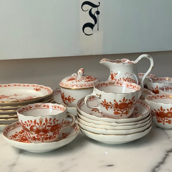 🌟Host Pic!🌟Meissen Indian Red/Orange Tea/Coffee Service for 6 - Picture 6 of 8